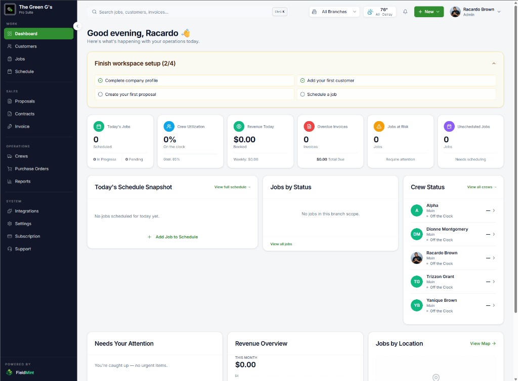 FieldMint web app dashboard — jobs, crews, revenue, and operations workspace