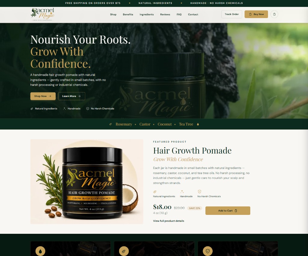 Racmel Magic homepage — natural hair growth pomade e-commerce website