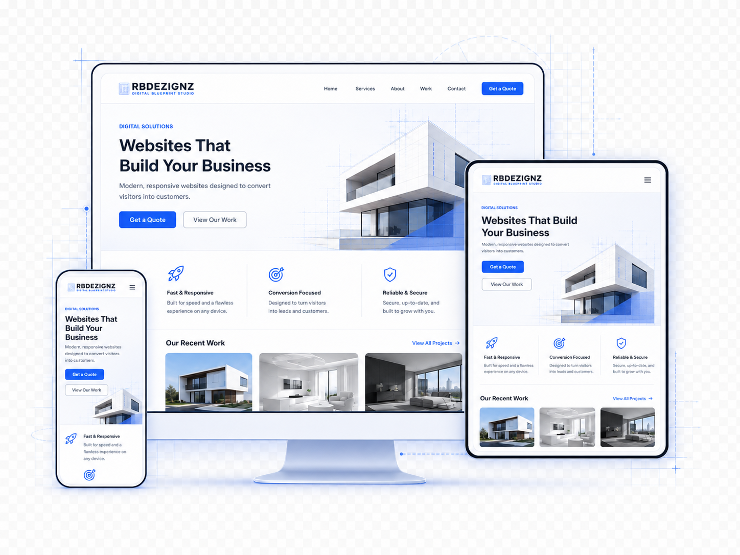 Responsive website design mockup displayed across desktop, tablet, and mobile devices